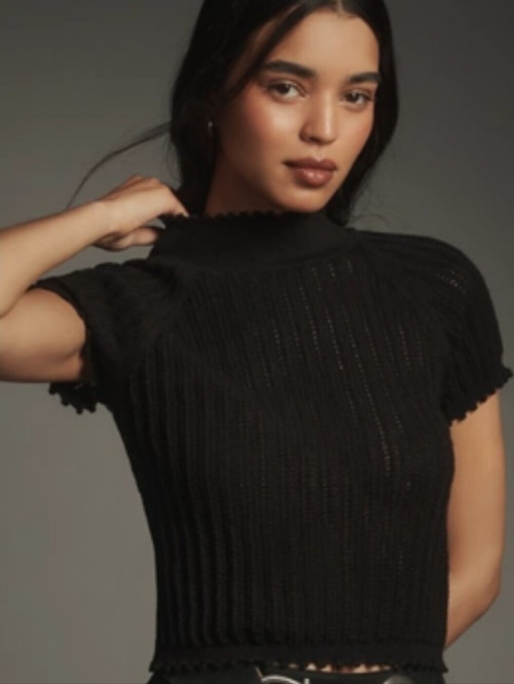 NWT By Anthropologie Mock-Neck Pointelle Ruffle-Trim Sweater Tee